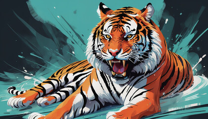Wall Mural - furious tiger, growling and aggressively running, wildlife, action shot. tiger day. a tiger in the w