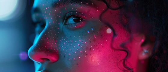 Poster - Biometric Face Recognition Scanning Process from Smartphone. Futuristic Concept: Projector Identifies Individual by Illuminating Face with Spots and Scanning with Laser.