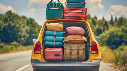 Poster - Car full of suitcases and bags to go on summer vacation