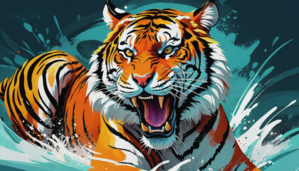 Wall Mural - furious tiger, growling and aggressively running, wildlife, action shot. tiger day. a tiger in the w
