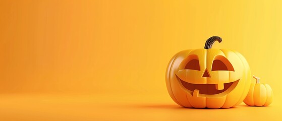 Wall Mural - The 3D rendering is of a happy Halloween pumpkin jack o' lantern on a yellow background.