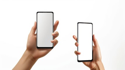 Poster - woman holding black smartphone with blank screen and modern frameless design - two positions angled 
