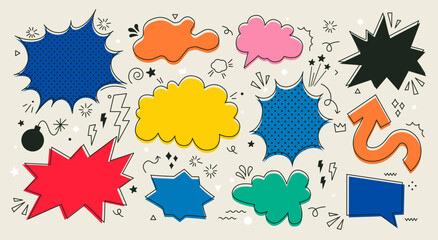 Poster - Set of colorful empty speech bubbles, arrows, sparkle element. Explosion. Doodles. Vector illustration. Banner, poster, sticker concept