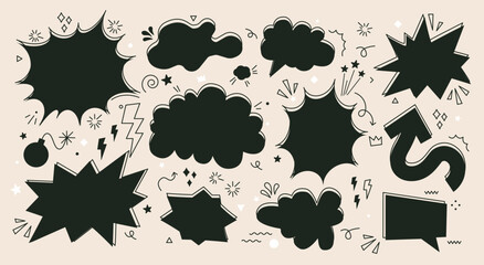 Poster - Set of empty speech bubbles, arrows, sparkle element. Explosion. Doodles. Vector illustration. Banner, poster, sticker concept. Black and white