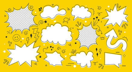 Poster - Retro empty comic bubbles and elements set on yellow background. Doodles. Vector illustration, vintage design, pop art style