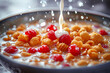 Close-up of a bowl of cereal with fresh raspberries being poured with a stream of cold milk.