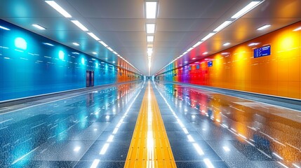 Wall Mural - A long hallway with bright colored walls and a yellow line, AI