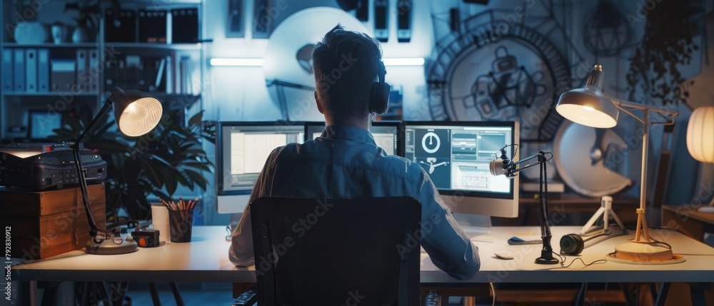 A back view of an industrial engineer using a desktop computer in an ...