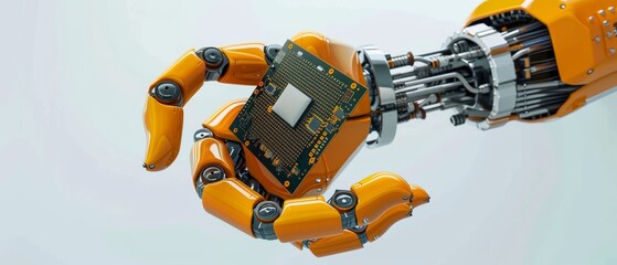 Poster - Authentic high-tech robotic arm holding sophisticated CPU chip. End effector of industrial robotic manipulator.