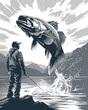 A man is fishing in a lake with a large fish jumping out of the water