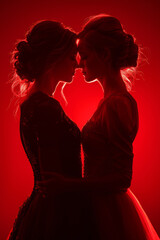 Canvas Print - Two women in a red light with their faces touching, AI