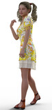 Fototapeta Lawenda - Illustration of a cute young teen girl with pigtails and a pretty floral summer dress