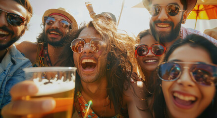 Canvas Print - A group of friends, men and women aged between their late 20s to early thirties, were having fun at an outdoor party in the afternoon sun