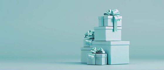 Wall Mural - A stack of gift boxes on a pastel blue background is rendered in 3D