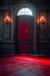 A red carpeted floor with a door and window in the middle, AI