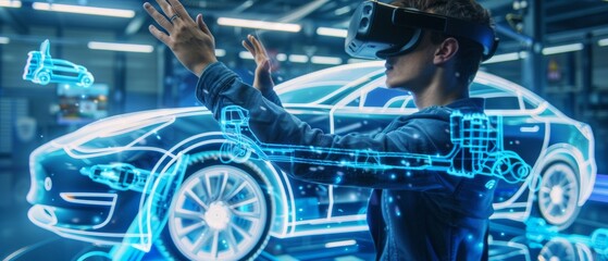 Wall Mural - An automotive engineer uses a virtual reality headset to analyze and optimize a 3D model of an electric car. A 3D graphic visualization shows how a fully developed prototype was analyzed and