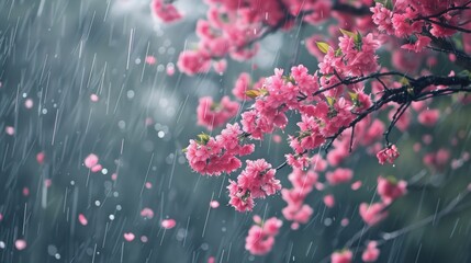 Sticker - A tree with pink flowers in the rain