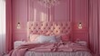 A bedroom with pink walls and a chandelier