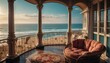 victorian theme private luxury balcony with view of the beach from Generative AI