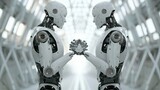 Fototapeta  - Imagine a representation where 3D rendering humanoid robots embrace collaboration through a symbolic handshake, symbolizing a future alliance in technological progress