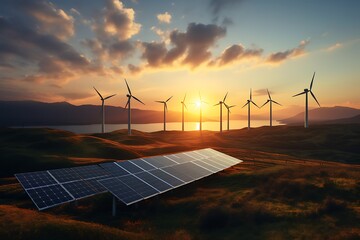 Wall Mural - solar panels and wind turbines at sunset. alternative energy source. 3d rendering
