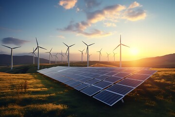 Wall Mural - solar panels and wind turbines at sunset. alternative energy source. 3d rendering