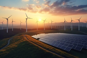 Wall Mural - solar panels and wind turbines at sunset. alternative energy source. 3d rendering
