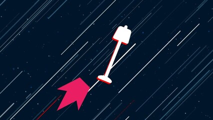 Poster - Floor lamp symbol flies through the universe on a jet propulsion. The symbol in the center is shaking due to high speed. Seamless looped 4k animation on dark blue background with stars