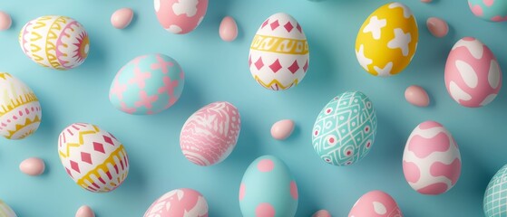 Wall Mural - Creative Easter eggs on pastel blue background. 3D rendering.