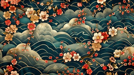 Wall Mural - seamless pattern with waves and flower