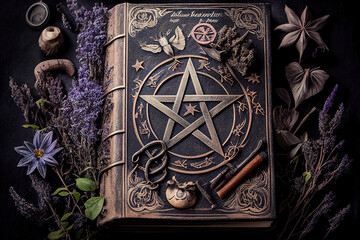 Vintage Grimoire Surrounded by Lavender and Occult Symbols on a Dark Background