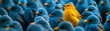 A vibrant yellow bird stands out in a crowd of identical blue birds, symbolizing individuality, uniqueness, and the courage to be different, created with generative AI technology