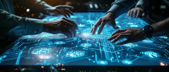 Poster - Scientists and engineers talked, discussed, and analyzed industrial engine designs at a conference table in a technology research center. Close-up of hands.