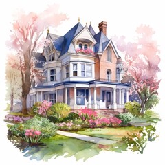 Poster - water color spring garden victorian house on white background