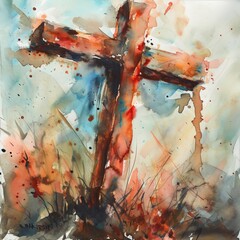 Wall Mural - watercolor painting of the cross of Calvary