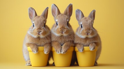 Wall Mural - group of adorable fluffy bunnies on yellow background