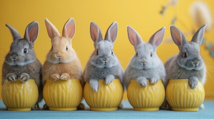 Wall Mural - group of adorable fluffy bunnies on yellow background