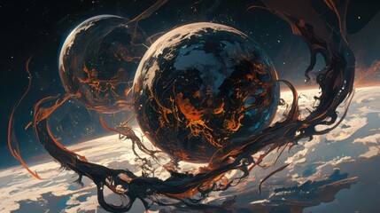 Wall Mural - Two planets in space, A dark fantasy scene with a purple background and a cosmic atmosphere. Colorful.