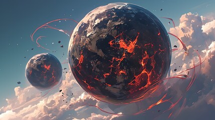 Wall Mural - Two planets in space, A dark fantasy scene with a purple background and a cosmic atmosphere. Colorful.