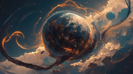 Wall Mural - Two planets in space, A dark fantasy scene with a purple background and a cosmic atmosphere. Colorful.