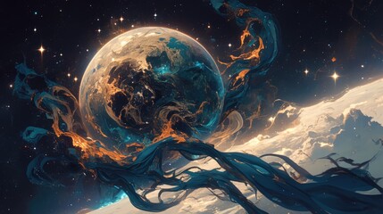 Two planets in space, A dark fantasy scene with a purple background and a cosmic atmosphere. Colorful.