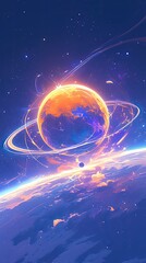 Wall Mural - Two planets in space, A dark fantasy scene with a purple background and a cosmic atmosphere. Colorful.