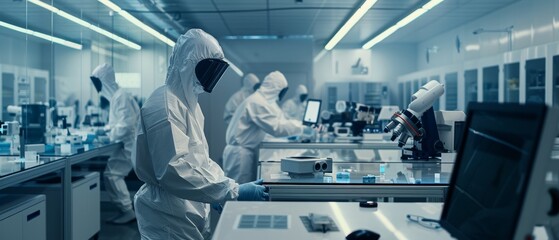 Poster - Coverall and mask-wearing technicians working on CNC machines. High-tech robotic arm factory with high-tech equipment.