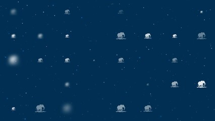 Poster - Template animation of evenly spaced wild elephant symbols of different sizes and opacity. Animation of transparency and size. Seamless looped 4k animation on dark blue background with stars