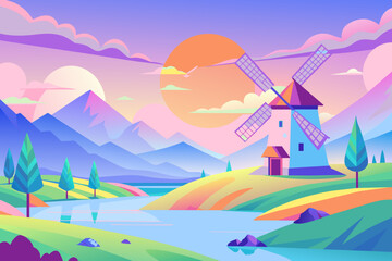 Wall Mural - Serene Sunset Landscape with Windmill and Mountains Illustration