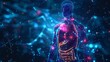 A blue background with colored neon particles represents the front view of the human body abstract modern illustration.
