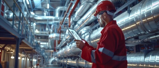Poster - In this AR Concept: Industrial Engineer uses Augmented Reality Digital Tablet to Scan Large Metal Construction, Special Effects Show Visualization / Digitalization of Oil, Gas and Fuel Transport