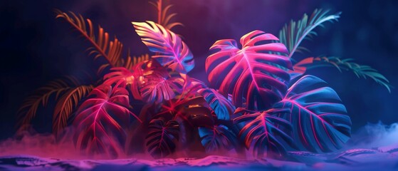 Poster - Monstera plant with neon lights. 3D rendering