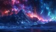 Night view of snowy mountains with
beautiful pink aurora lights hitting the river. The sky is clear and you can see the stars. generative ai