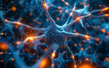 Poster - The vivid graphic design displays a futuristic cyber network, interconnected artificial neurons, and a web of global data connections, created by cutting-edge artificial intelligence technology.